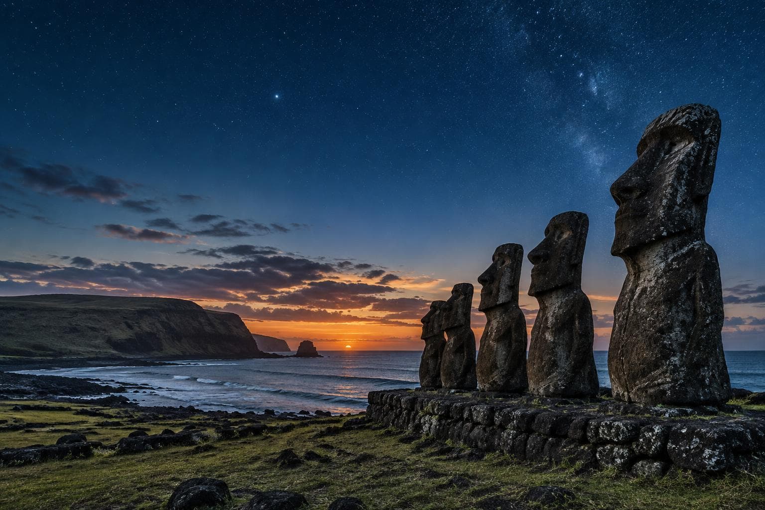 Moais na Ilha de Páscoa sob um céu estrelado